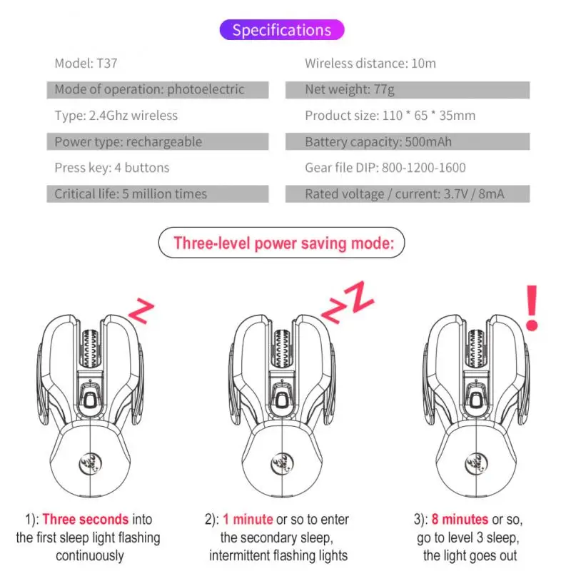 T37 2.4GHz Silent Wireless Gaming Mouse 1600 DPI Adjustable Mouse Rechargeable Lithium Battery Ergonomics Support Office Games
T37 2.4GHz Silent Wireless Gaming Mouse 1600 DPI Adjustable Mouse Rechargeable Lithium Battery Ergonomics Support Office Games