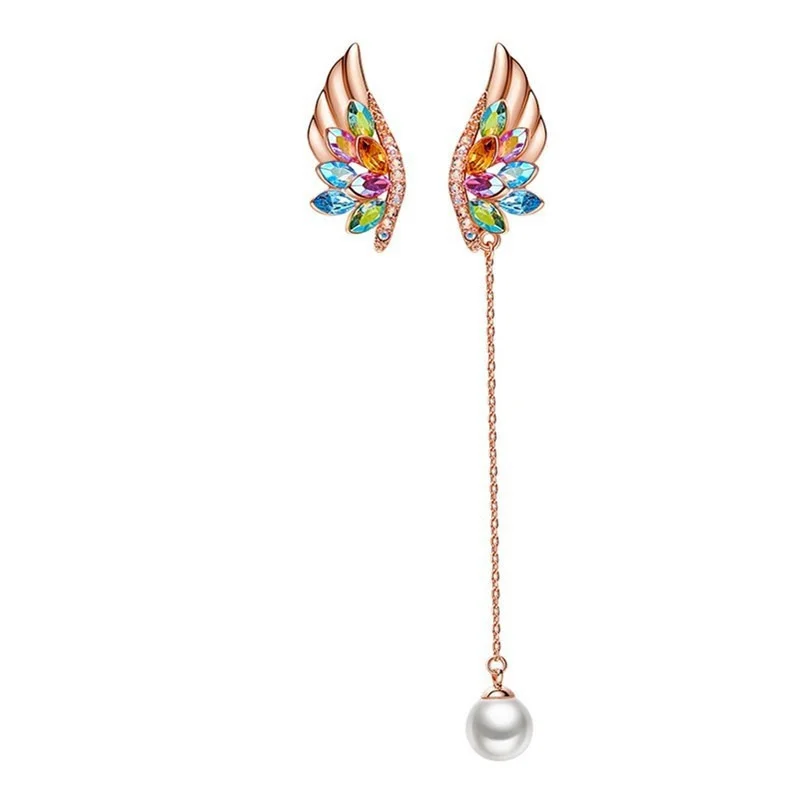 

Birthstone Feather Rose Gold Embellished with Crystals Womens Earrings Angel Wing Fashion Jewelry