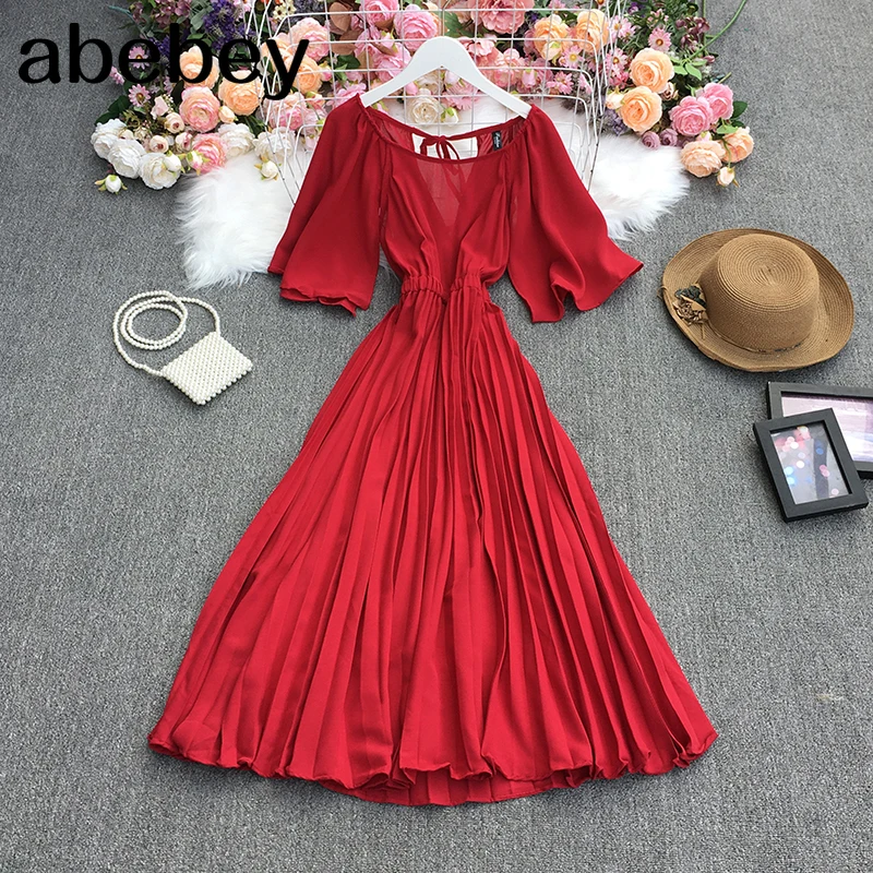 2021 New Summer Women Retro All-match O-neck flared sleeve Dress bandage waist slim solid Pleated Dress
2021 New Summer Women Retro All-match O-neck flared sleeve Dress bandage waist slim solid Pleated Dress