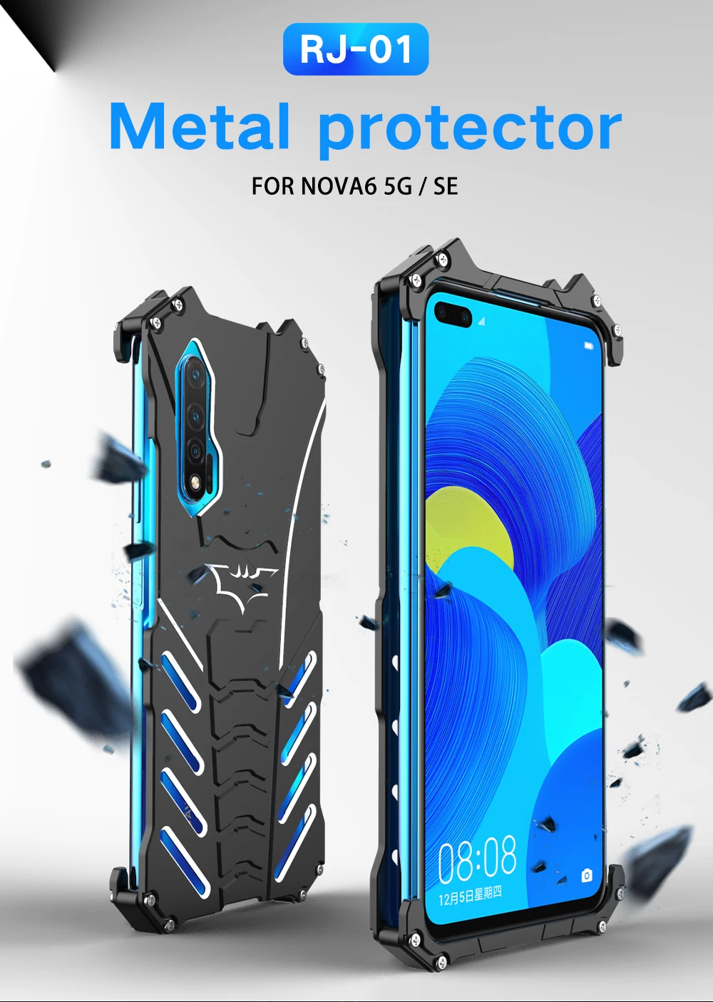 

R-just Luxury Kickstand Shockproof Case For Huawei Nova 6 5g Aluminum Bumper Skin Armor Metal Back Cover For Huawei Nova6 Se