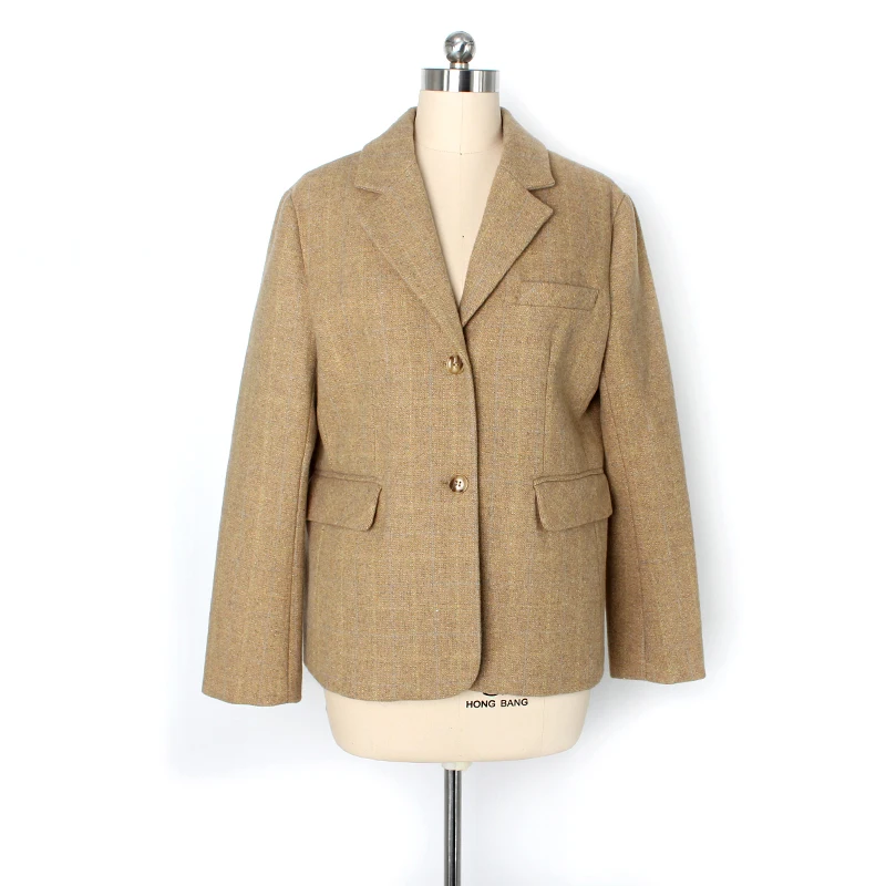 

PERHAPS U Women Vintage Blazer Khaki Pocket Button Faux Woolen Blend Long Sleeve Notch Collar Blazer C0306