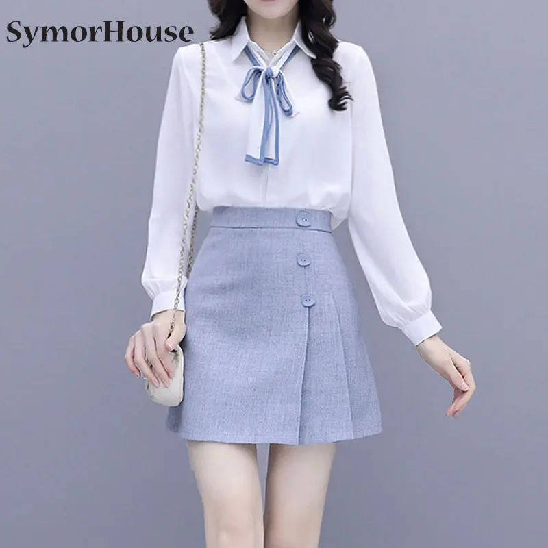 New 2 Pieces Set Women Long Sleeve Bow White Chiffon Blouse Shirts Tops And High Waist A-line Skirts Korean Office Lady Suit
New 2 Pieces Set Women Long Sleeve Bow White Chiffon Blouse Shirts Tops And High Waist A-line Skirts Korean Office Lady Suit