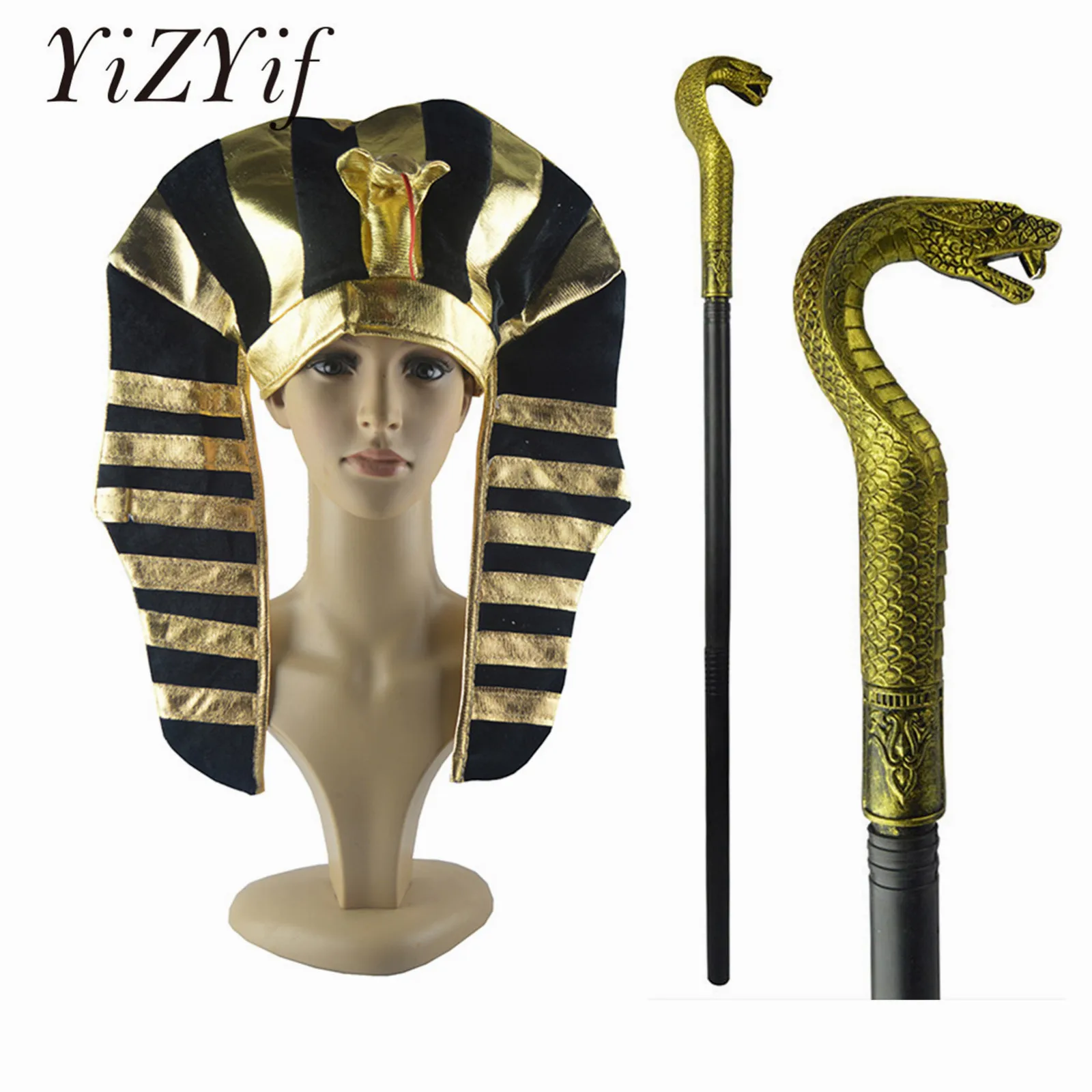 

3pcs/set Egyptian Costume Accessories Golden Pharaoh King Hat Cleopatra Snake-shaped Hat with Scepter Halloween Cosplay Props