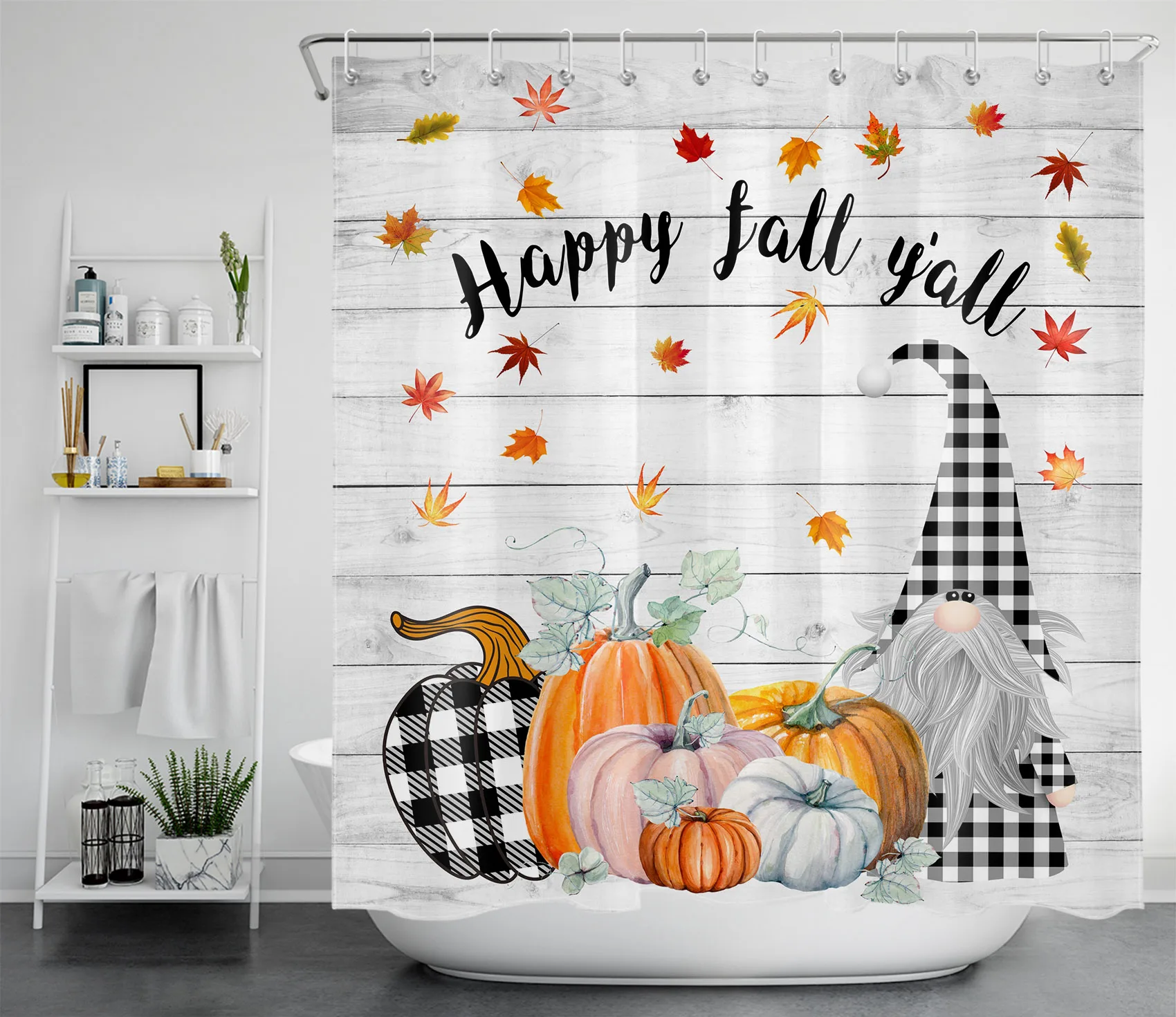 Fall Pumpkin Gnomes Shower Curtain Rustic Farmhouse Planks Autumn Fallen Leaves Bathroom Decor Waterproof Polyester with Hooks
Fall Pumpkin Gnomes Shower Curtain Rustic Farmhouse Planks Autumn Fallen Leaves Bathroom Decor Waterproof Polyester with Hooks