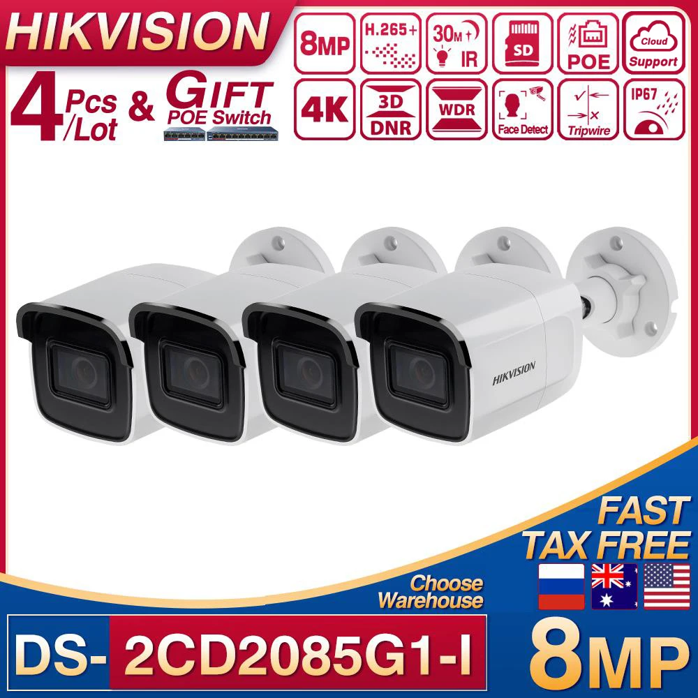 

Hikvision 4 шт./лот DS-2CD2085G1-I POE IP-камера 8 МП цилиндрическая сеть видеонаблюдения IPC 4K H.265 + Анализ поведения распознавание лица Darkfighter