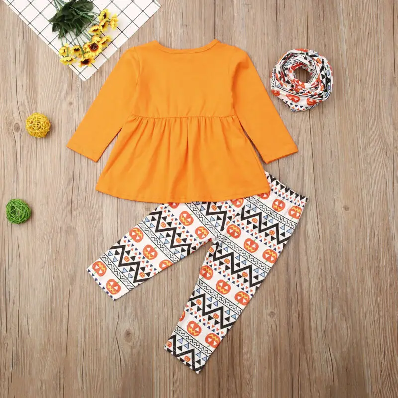 Fashion Toddler Baby Girls Halloween Clothes Set Tops Long Sleeve T-Shirt Stripe Pants Scarf Pumpkin Outfits Autumn 1-6T | Мать и ребенок