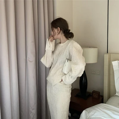 Korean Solid Elegant Women Two Piece Sets Long Sleeve Tops + Stretchy Long Skirt Suits Fashion Office Female 2 Pcs Sets 2020
Korean Solid Elegant Women Two Piece Sets Long Sleeve Tops + Stretchy Long Skirt Suits Fashion Office Female 2 Pcs Sets 2020