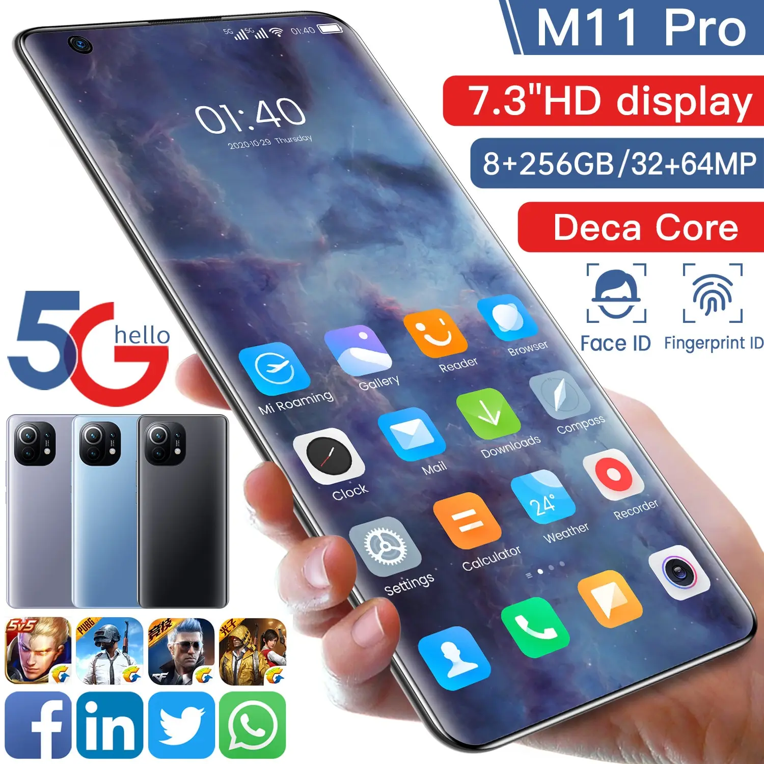 M11 Pro 128/256gb 10 Core 6800mah Global Version 32+64mp Cheap Phone 7.3 Inch Face Fingerprint Id Cell Phone Mtk6889+ Cell Phone
M11 Pro 128/256gb 10 Core 6800mah Global Version 32+64mp Cheap Phone 7.3 Inch Face Fingerprint Id Cell Phone Mtk6889+ Cell Phone