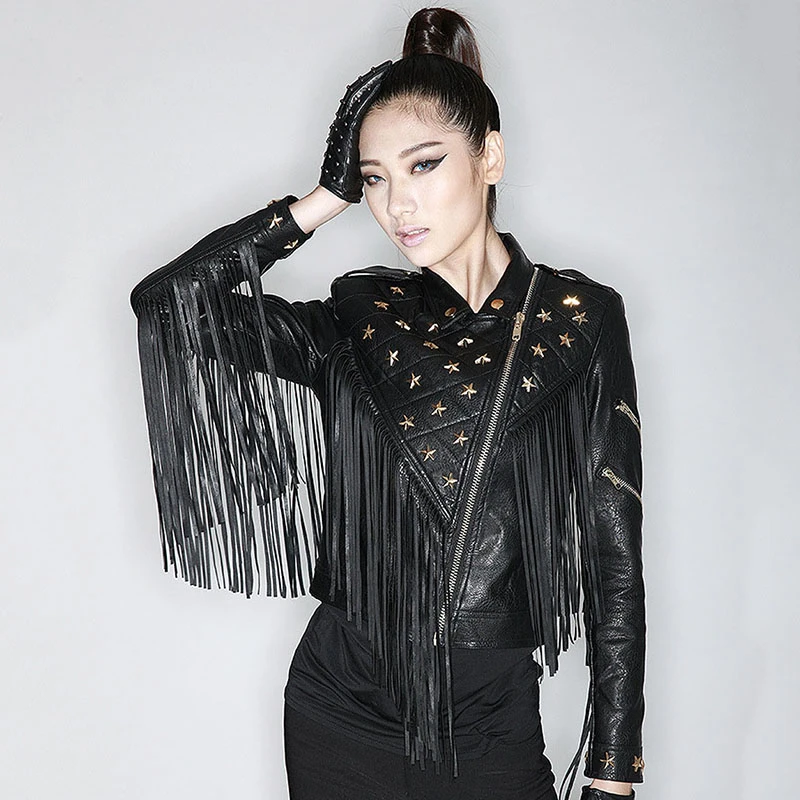 High quality Black Tassel PU Women Leather Jacket Spring Autumn Moto Star Beading Coat Female Short Slim Biker Jackets Plus Size
High quality Black Tassel PU Women Leather Jacket Spring Autumn Moto Star Beading Coat Female Short Slim Biker Jackets Plus Size