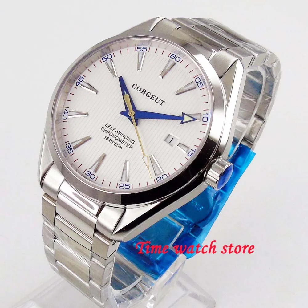

Corgeut 41mm Miyota 8215/NH35 5ATM Automatic Men's Watch Sapphire Glass Polished Bezel White Dial Date Window Steel Bracelet