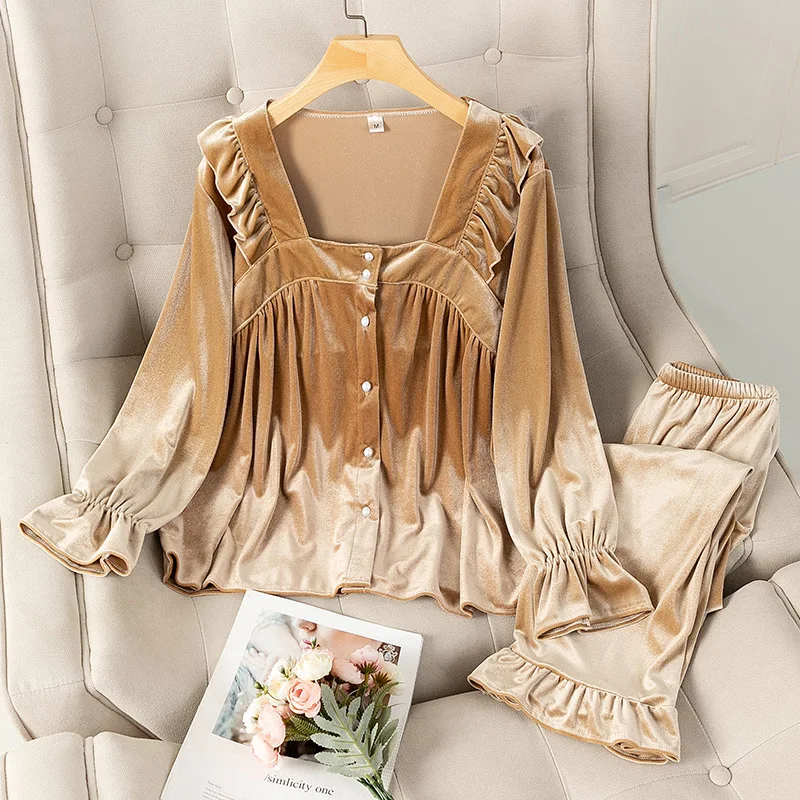 Autumn Velvet Pajamas Set Women 2PCS Sleepwear Square Collar Shirt&Pants Velour Pijamas Suit Elastic Waist Trousers Suit
Autumn Velvet Pajamas Set Women 2PCS Sleepwear Square Collar Shirt&Pants Velour Pijamas Suit Elastic Waist Trousers Suit