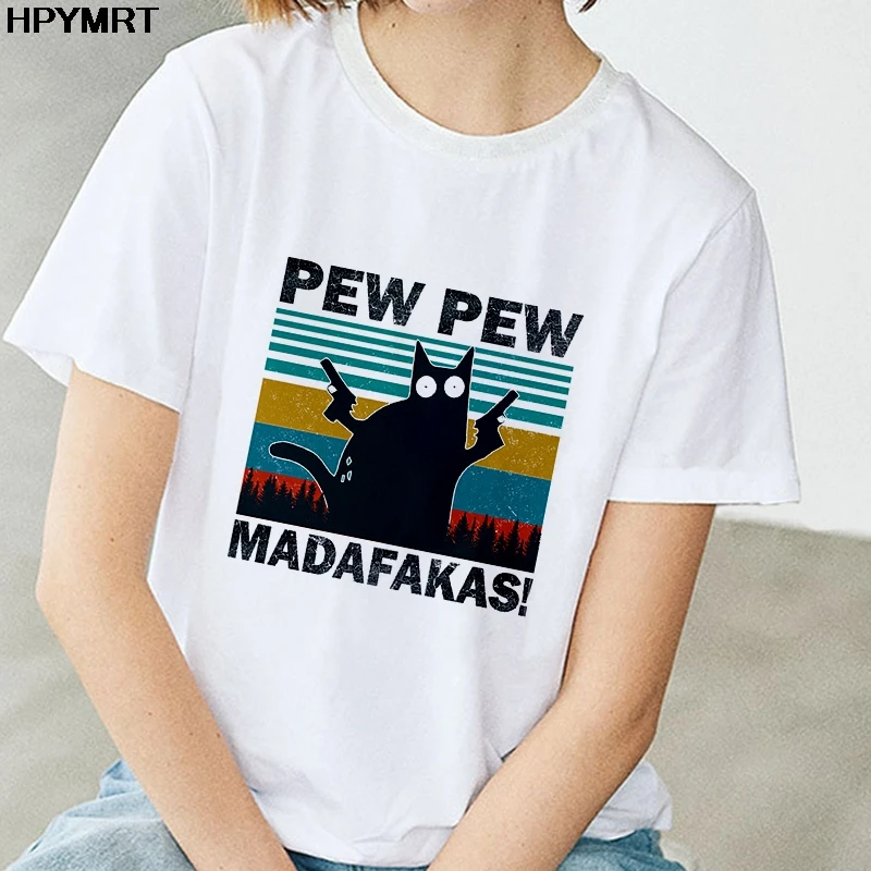 Женская футболка с изображением черного кота Pew Madafakas забавные летние топы в