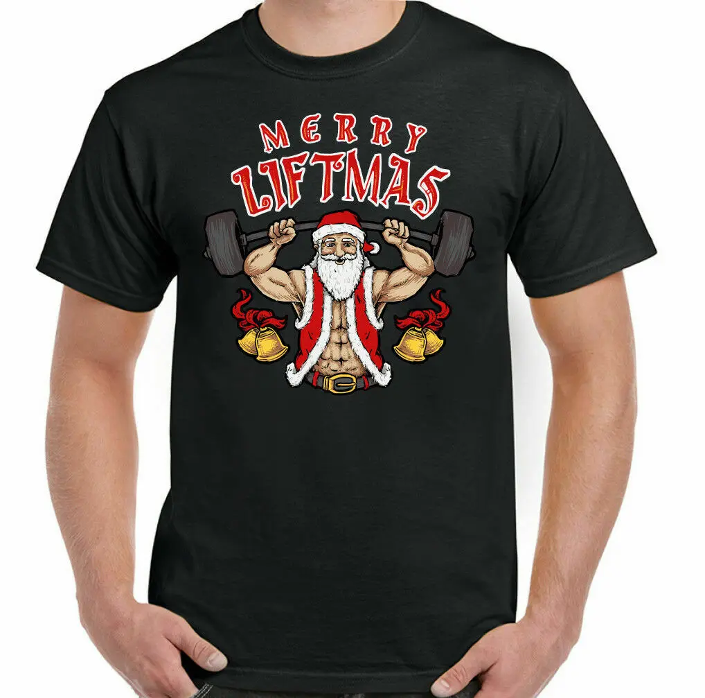 

Christmas Gym T-Shirt Merry Liftmas Mens Funny Training Top Weightlifting Muscle Novelty Vintage Men's Humor Tee Streetwear