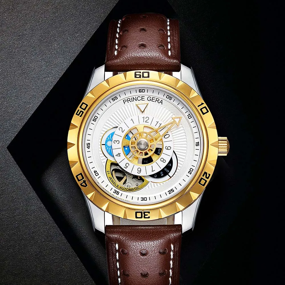 PRINCE GERA Men's Watches Automatic Mechanical Waterproof Watch Skeleton Tourbillon Moon Phase WristWatch with Leather Straps
PRINCE GERA Men's Watches Automatic Mechanical Waterproof Watch Skeleton Tourbillon Moon Phase WristWatch with Leather Straps