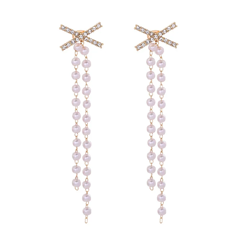Asymmetric Pearl Tassel Drop Earrings Female Rhinestone Cross X Long Dangling Earrings Female Fashion Wedding Party Jewelry
