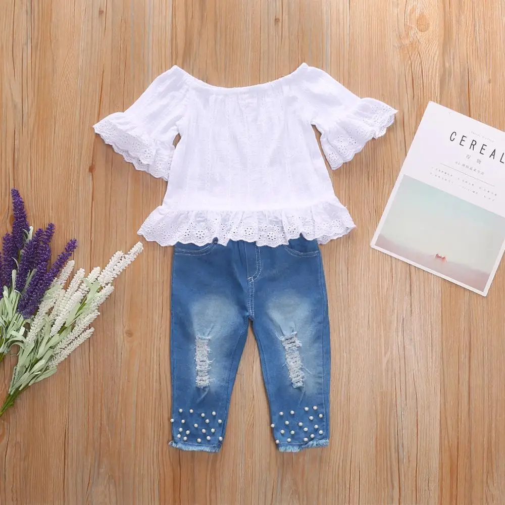 Children Clothes Summer Baby Girls Clothes Set Word Collar Top+Denim Pants Tracksuit Suit Kids Toddler Girl Outfits Clothes 2020
Children Clothes Summer Baby Girls Clothes Set Word Collar Top+Denim Pants Tracksuit Suit Kids Toddler Girl Outfits Clothes 2020