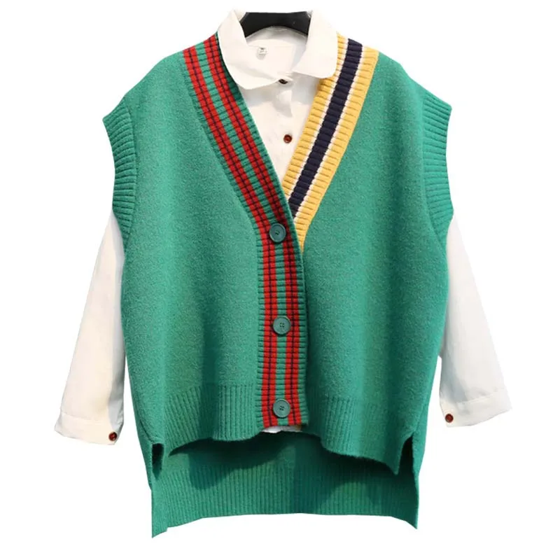 Patchwork Knitted Vest Women Cardigan 2020 Autumn Asymmetry Loose Short Female Sleeveless Jacket Winter Lady's Sweater OK328 |