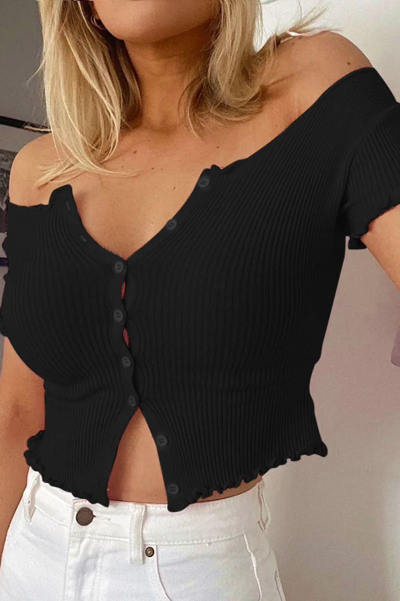2021 summer new solid short sleeve top women's 23181p shoulder sexy button T-shirt
2021 summer new solid short sleeve top women's 23181p shoulder sexy button T-shirt