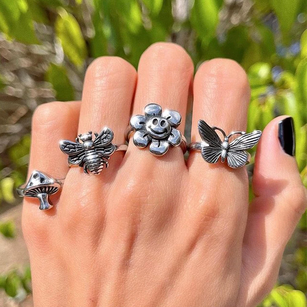 Vintage Silver Color Skull Heart Rings Set For Women Men Gothic Chain Retro 2021 Trend Fashion Jewelry | Украшения и аксессуары