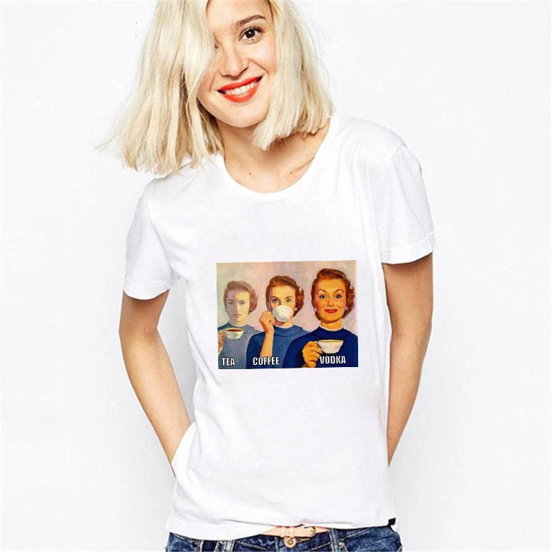 TEA COFFEE VODKA Funny Women T Shirt Summer Short Sleeved Casual White Round Neck Tshirt Female Graphic Streetwear Vintage Tees
TEA COFFEE VODKA Funny Women T Shirt Summer Short Sleeved Casual White Round Neck Tshirt Female Graphic Streetwear Vintage Tees