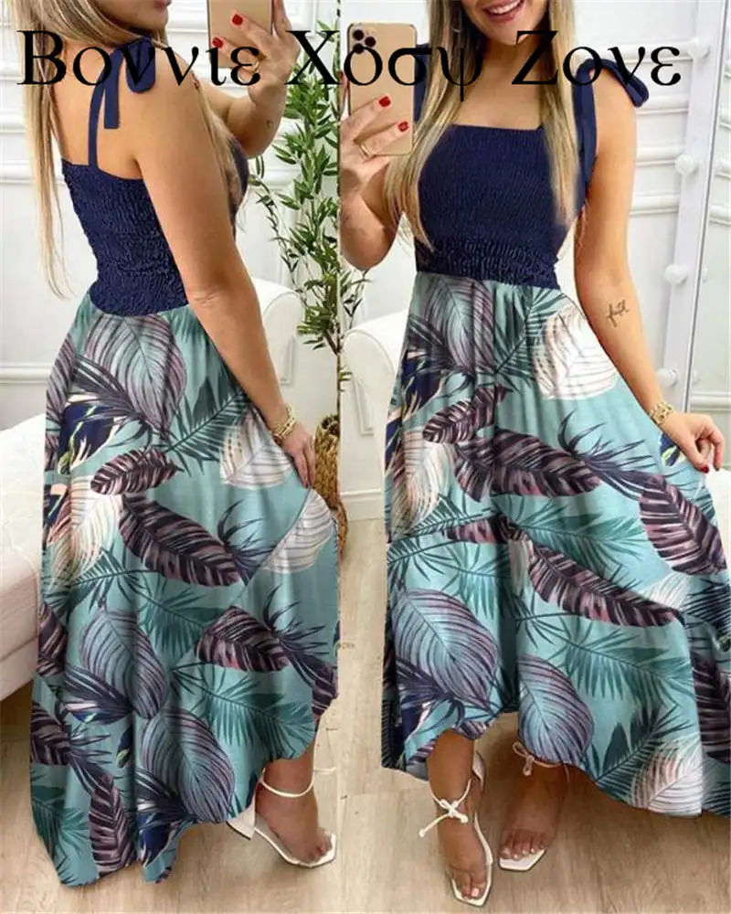 Summer Women Sleeveless Square Neck Tropical Leaf Print Skinny Waist Sling Ruffle Hem Maxi Dress
Summer Women Sleeveless Square Neck Tropical Leaf Print Skinny Waist Sling Ruffle Hem Maxi Dress