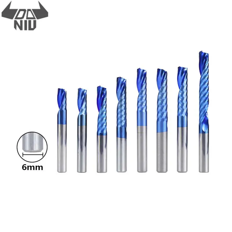 DANIU 6mm Shank 1 Flute Spiral End Mill Carbide End Mill Blue Nano Coating CNC Router Bit Single Flute End Mill Milling Cutter
DANIU 6mm Shank 1 Flute Spiral End Mill Carbide End Mill Blue Nano Coating CNC Router Bit Single Flute End Mill Milling Cutter