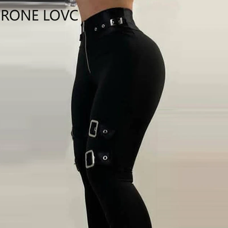 Women Zipper Front Eyelet Buckled High Waist Pants Casual Pants