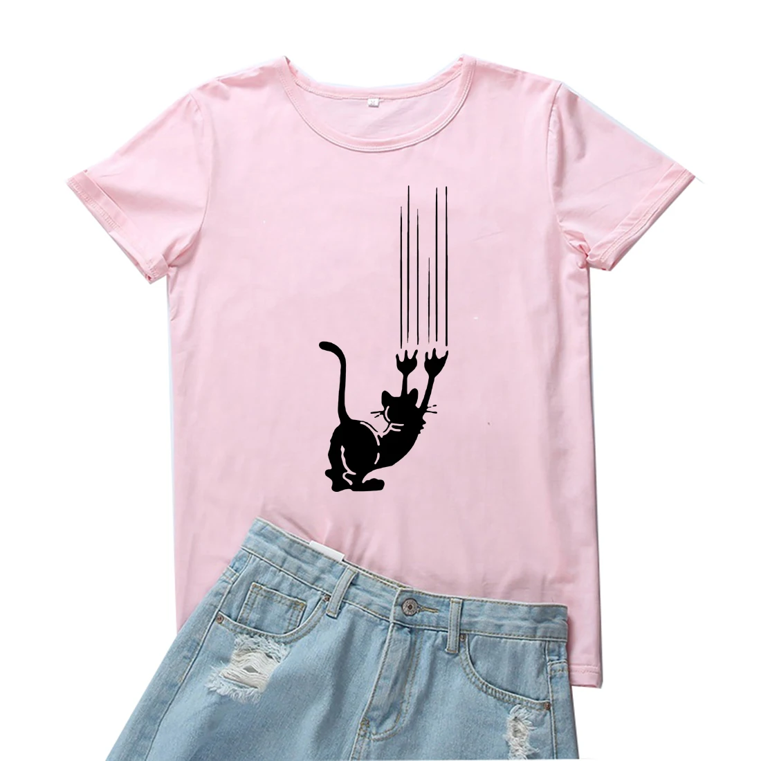 Slipping Cat Tshirt Woman Cute Black Cat Pattern Women T Shirt Fashion O-neck T-shirts Women Loose Casual White Tee Shirt Femme
Slipping Cat Tshirt Woman Cute Black Cat Pattern Women T Shirt Fashion O-neck T-shirts Women Loose Casual White Tee Shirt Femme