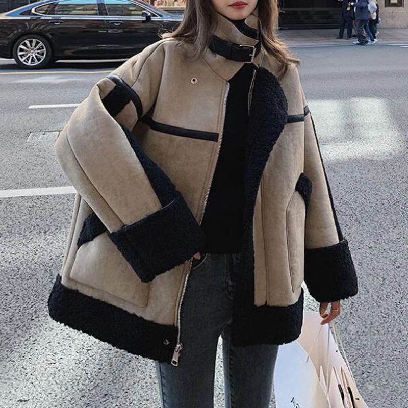 

Женская осенне-зимняя модная куртка 2021, женские кожаные куртки из искусственного меха, шерстяное меховое пальто из овечьей шерсти, женское ...