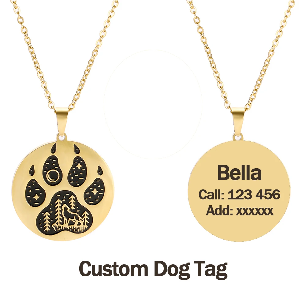 

Lucktune Personalized Pets Dog Tag Necklace Men Wolf Footprints Paw Custom Name Date Pendant For Women Nameplate Fashion Jewelry