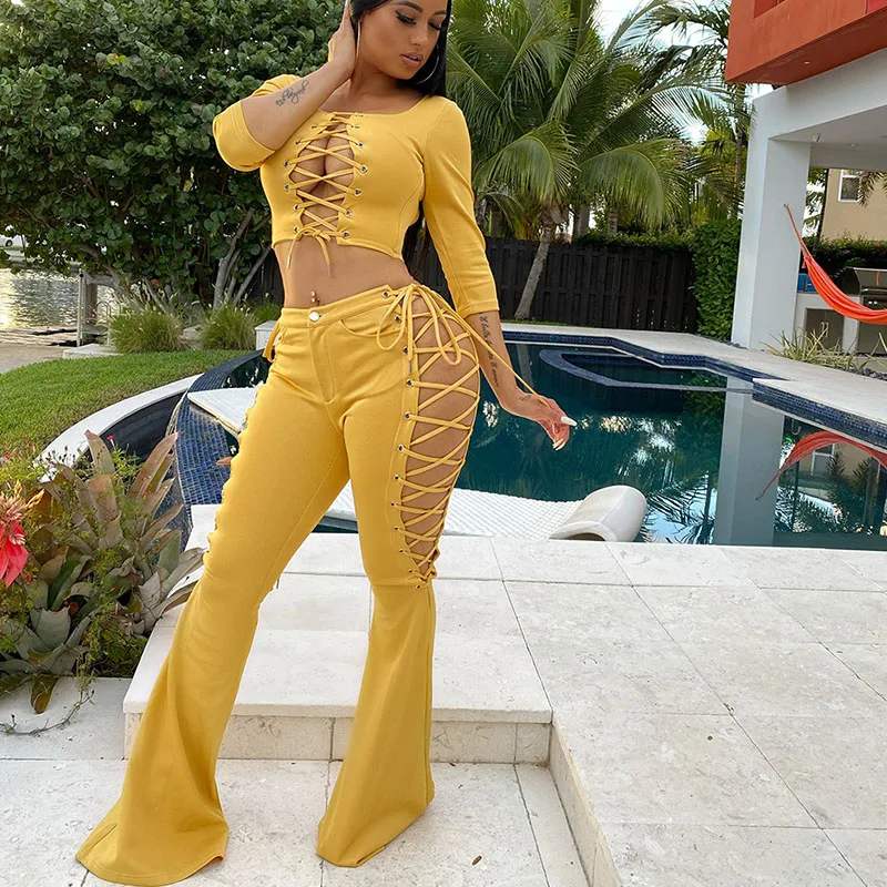 

Sexy Bandage Hollow Out Two Piece Set Women Matching Sets Crop Tops and Flare Pants Bell Bottom Club Outfits Birthday Co Ord Set