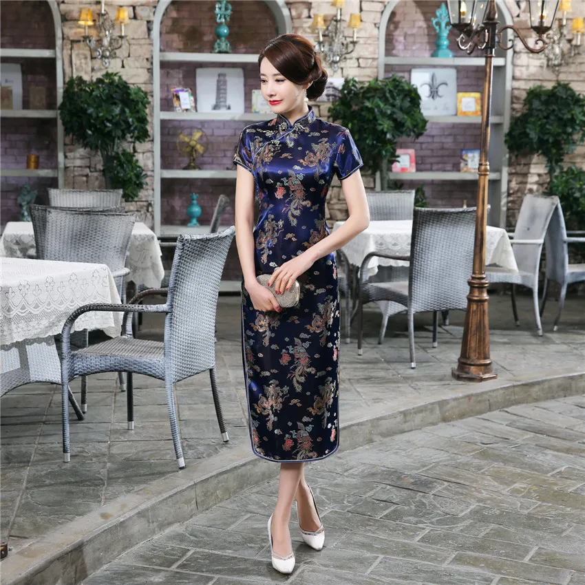 

Vintage Elegant Women Short Sleeve Qipao High Slit Slim Chinese Dress Mandarin Collar Oriental Cheongsams Traditional Prom Gown