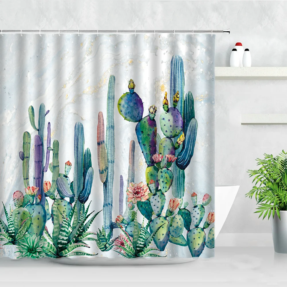 

Tropical Plant Cactus Shower Curtain Set 3D Succulents Flowers Water Color Art Modern Waterproof Home Decor Bathroom Curtains