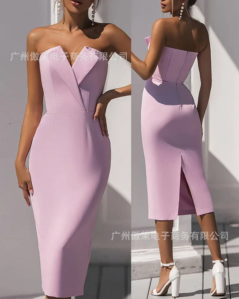 Sexy Lapel strapless dress skirt 2021 summer new sexy women's dress V-neck medium length and calf skirt
Sexy Lapel strapless dress skirt 2021 summer new sexy women's dress V-neck medium length and calf skirt