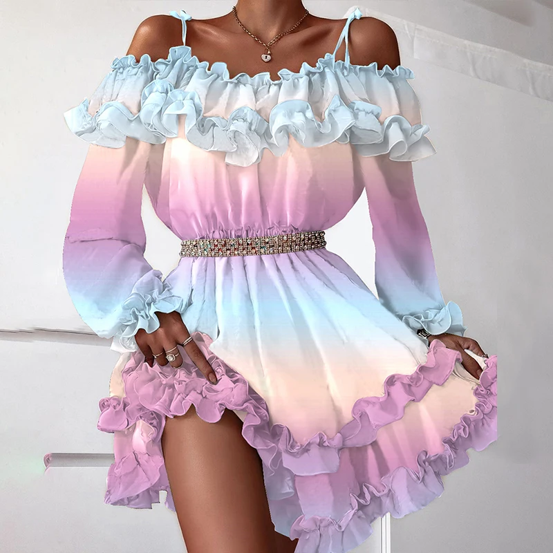 Women Fashion Gradient color Women Sexy Party Mini dress Ruffled Trim Thin shoulder strap Off Shoulder Long sleeve Dress
Women Fashion Gradient color Women Sexy Party Mini dress Ruffled Trim Thin shoulder strap Off Shoulder Long sleeve Dress