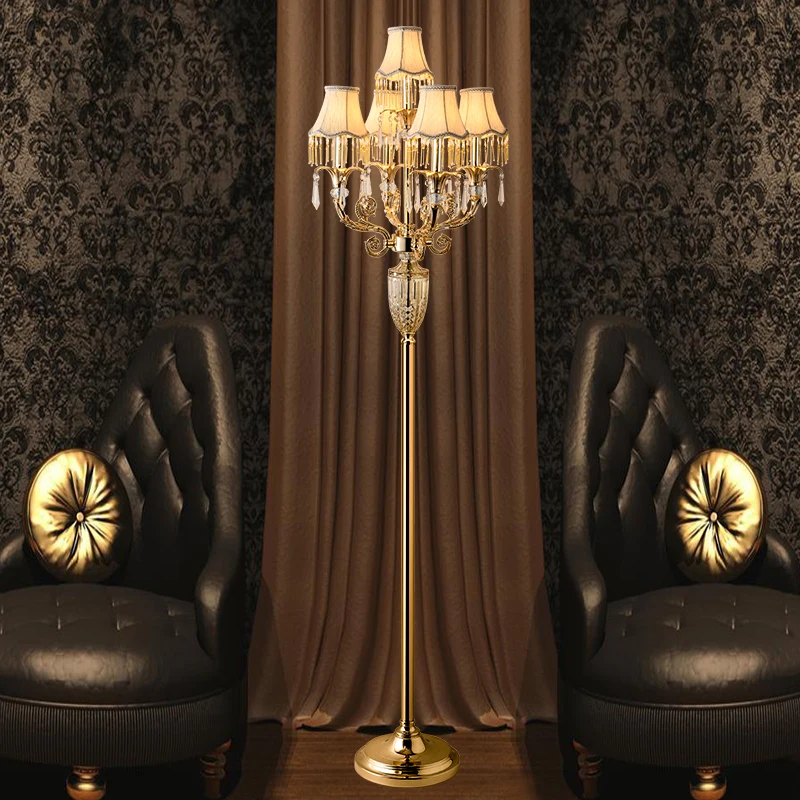 Modern luxury led crystal Floor Lighting Gold Led candle holder floor lamp Cloth shade 5 pcs E14 wedding Crystal candlestick|Напольные