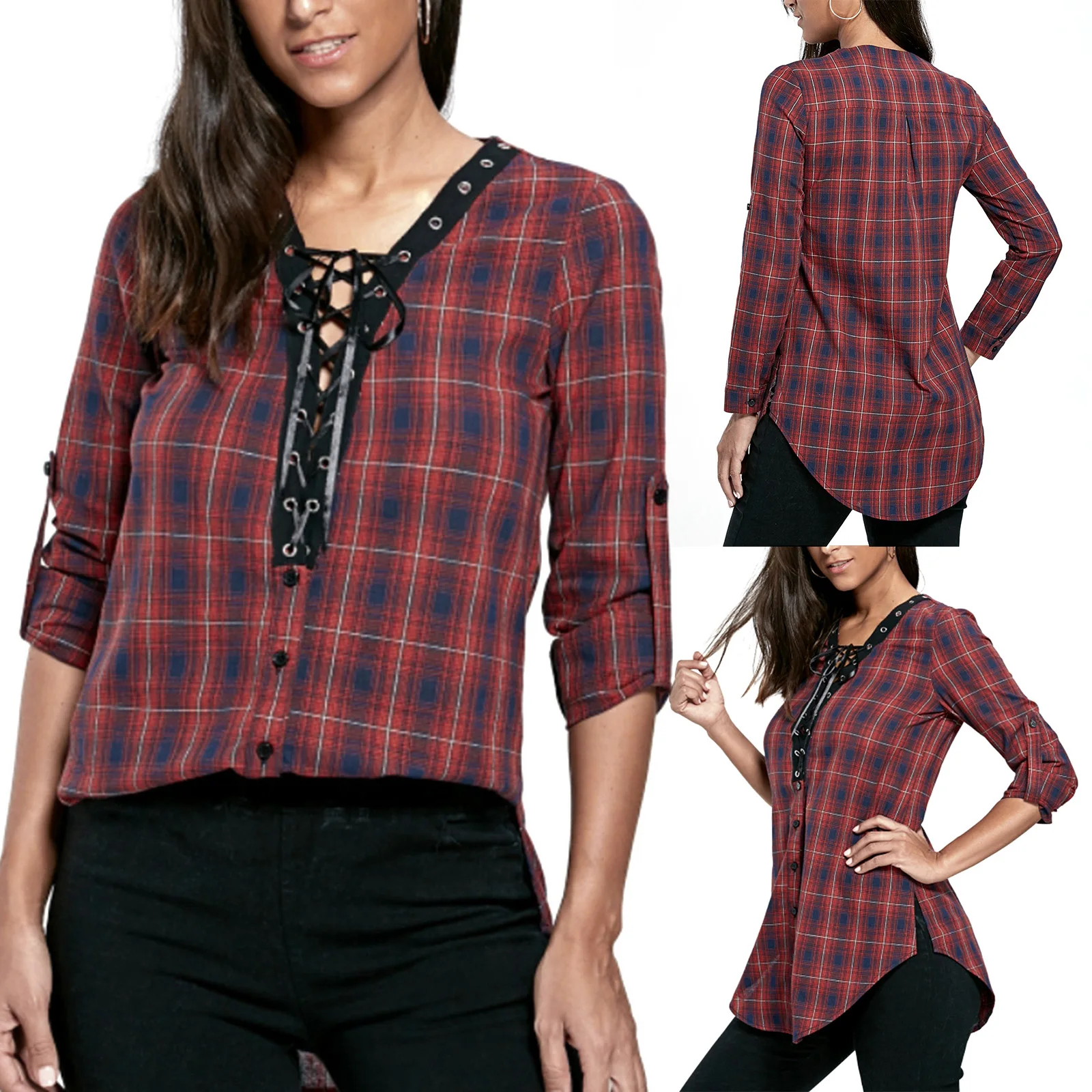 

Women Long Sleeve Tops Wine Red Plaid Printed Pattern Plunging Neckline Blouse M/ L/ XL/ XXL