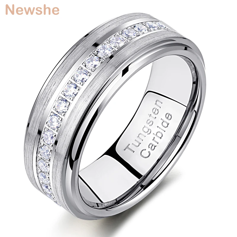 Newshe Mens Promise Wedding Band Tungsten Carbide Rings For Men Charm Ring 8mm Size 9-13 AAAAA White Round Zircon Jewelry TRX058 | Украшения