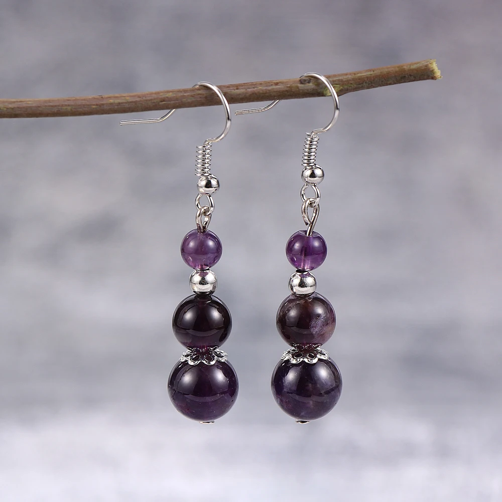 

Natural Stone Crystal Dangle Earrings Round Gemstone Amethyst Turquoise Amazonite Bead Drop Earring for Women
