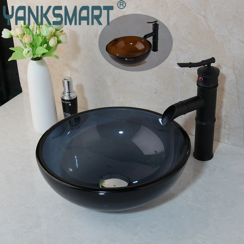 

Раковина YANKSMART черная для ванной комнаты с матовым черным смесителем, Набор смесителей из закаленного стекла разных цветов, смеситель для р...