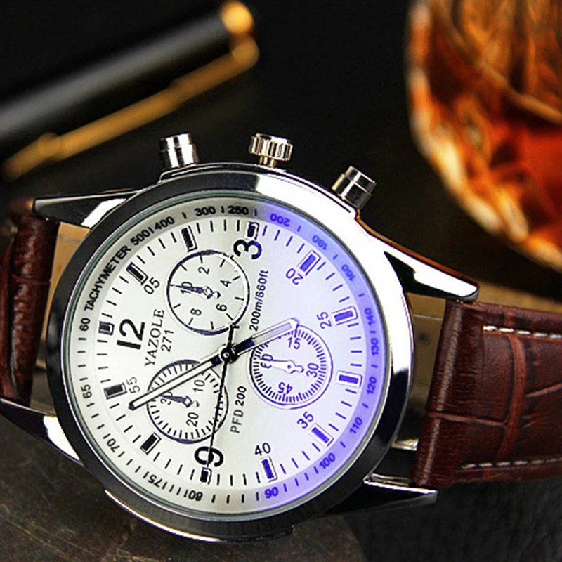 Luxury Brand Men Watches Fashion Faux Leather Men Blue Ray Glass Quartz Watch Casual Males Business Watch 
Luxury Brand Men Watches Fashion Faux Leather Men Blue Ray Glass Quartz Watch Casual Males Business Watch