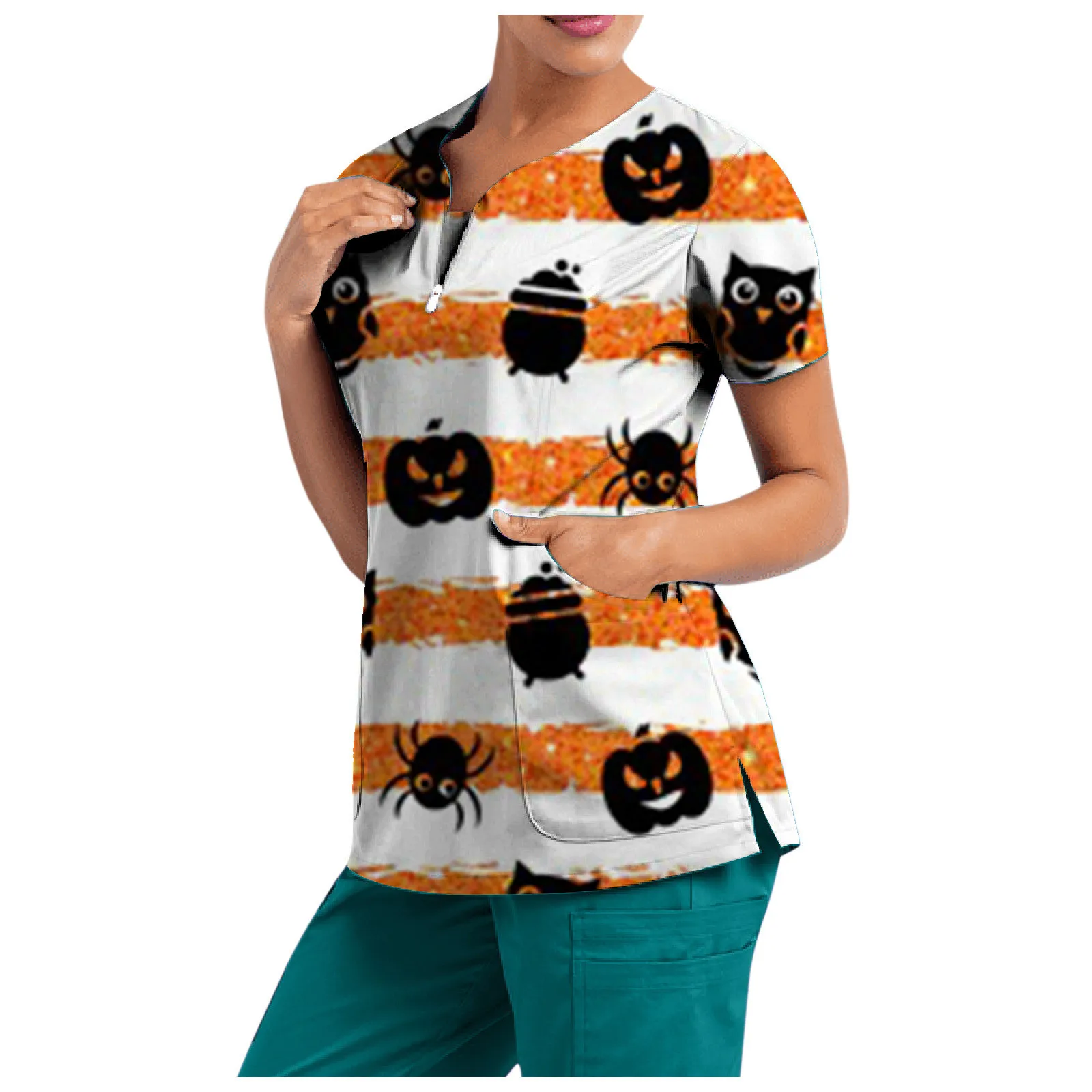 Clinical Uniform Woman Halloween Pumpkin Bat Print Short-Sleeved V-Neck Zipper Unique Design Pocket T-shirt Pet Shop Care Worker
Clinical Uniform Woman Halloween Pumpkin Bat Print Short-Sleeved V-Neck Zipper Unique Design Pocket T-shirt Pet Shop Care Worker