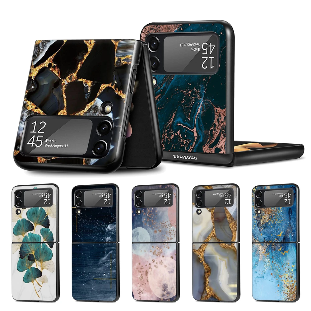 

Cell Phone Case for Samsung Galaxy Z Flip3 5G Flip4 Black Coque Z Flip 3 Hard PC Luxury Cover Zflip3 Funda Chic Marble Gold Foil