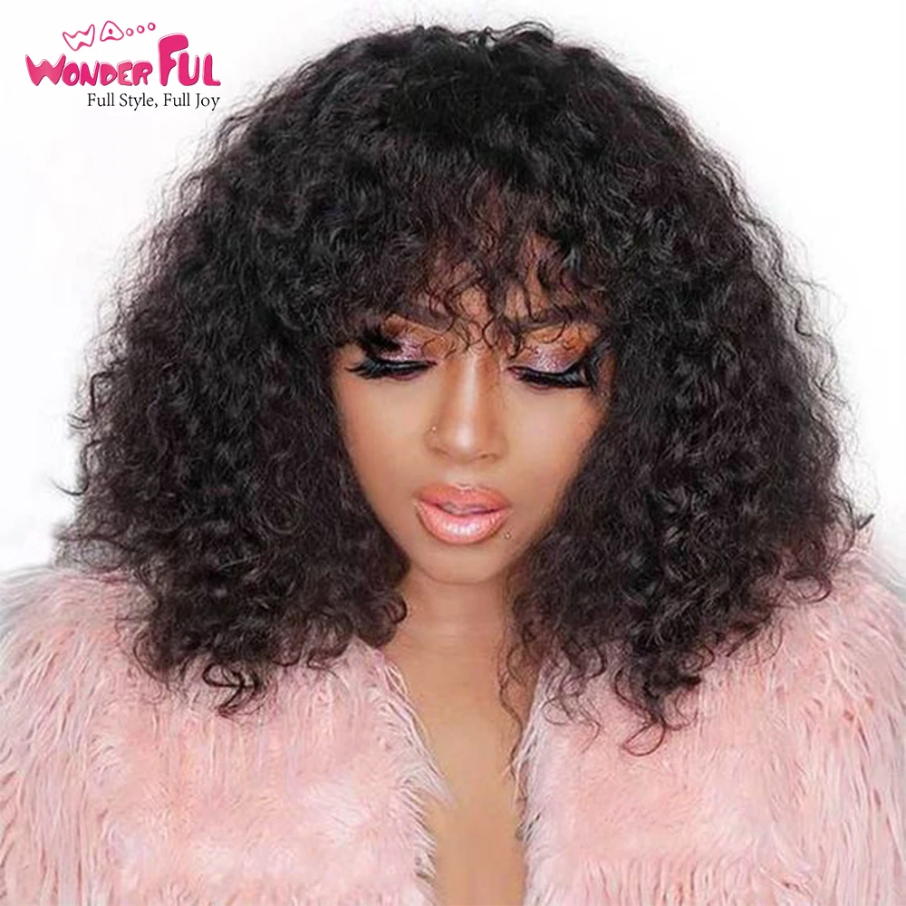 

Wonderful Short Wig With Bangs Kinky Curly Human Hair Bob Wigs For Women Fashion Curly Full Wig Remy Ombre 99J Brown Color