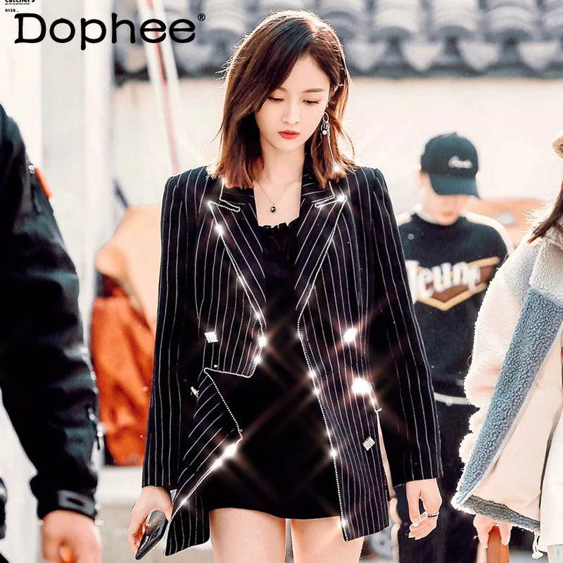 Shiny Drill Chain Formal Suit Jacket Women Socialite Temperament Black Striped Slim Office Lady Casual Suit Blazer Coats Autumn
Shiny Drill Chain Formal Suit Jacket Women Socialite Temperament Black Striped Slim Office Lady Casual Suit Blazer Coats Autumn