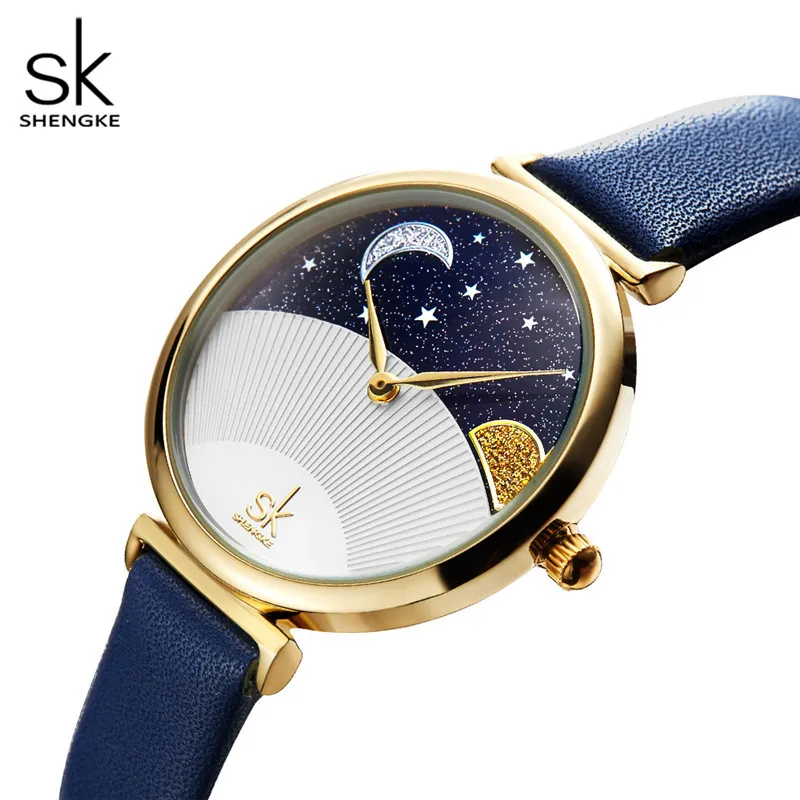 Shengke женские модные синие кварцевые часы кожаный высококачественный ремешок для