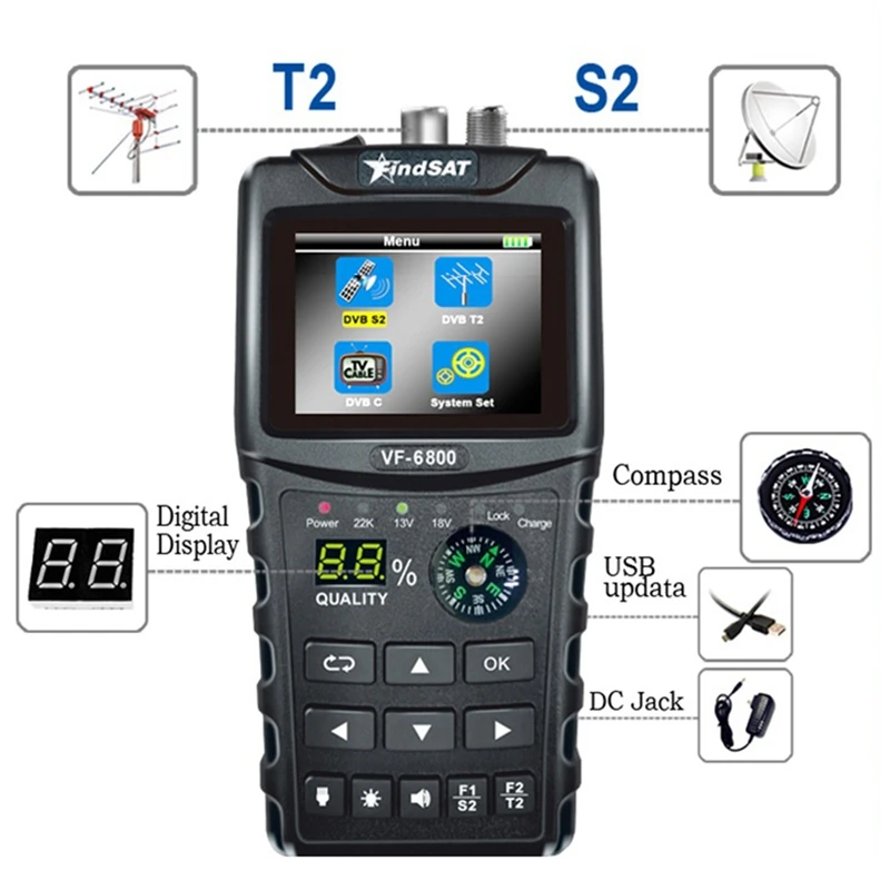 VF-6800 Satellite Finder Meter Support DVB-T2/S2/C SatFinder Meter for Satellite TV Receiver Dvb T2 Sat Finder
VF-6800 Satellite Finder Meter Support DVB-T2/S2/C SatFinder Meter for Satellite TV Receiver Dvb T2 Sat Finder
