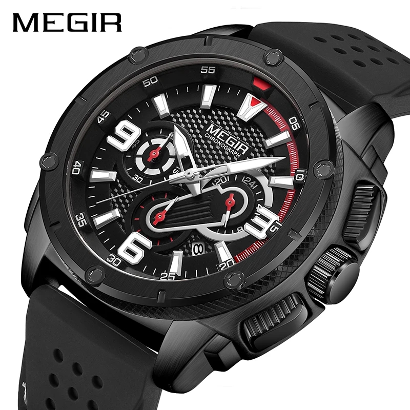 

MEGIR Original Sport Watches Men Clock Military Army Watch Mens Silicone Chronograph Quartz Wrist Watch Man Reloj Hombre 2147