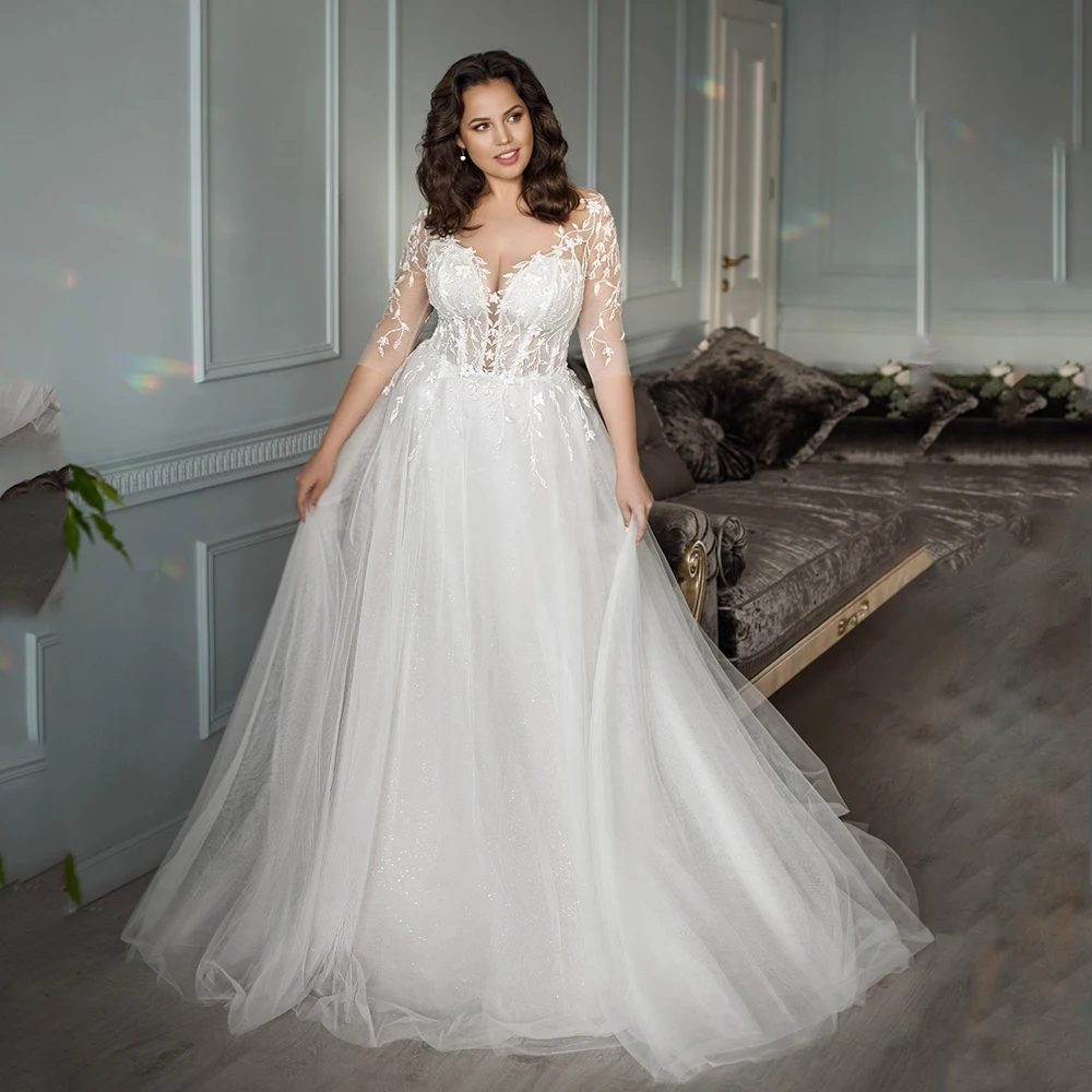 Sexy Wedding Dress Plus Size Sheer Scoop Neck 3/4 Sleeves Sparkling Lace Tulle A Line Bride Dresses Side Slit Robe De Mariee
Sexy Wedding Dress Plus Size Sheer Scoop Neck 3/4 Sleeves Sparkling Lace Tulle A Line Bride Dresses Side Slit Robe De Mariee