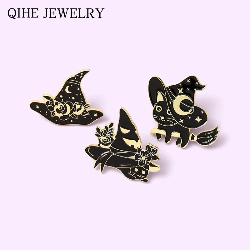 

Black Witch Cats Enamel Pins Custom Starry Wizard Hat Cat Brooches Bag Clothes Lapel Pin Gothic Badge Jewelry Gift for Friends